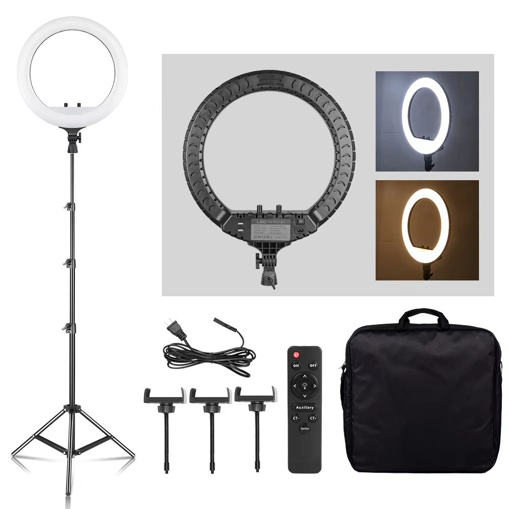 Photography Lighting Description - SH 18インチノブリングライトLEDセルフィービデオランプ、三脚スタンド、スマホクリップ付き、YouTubeライブ照明、写真撮影スタジオ用